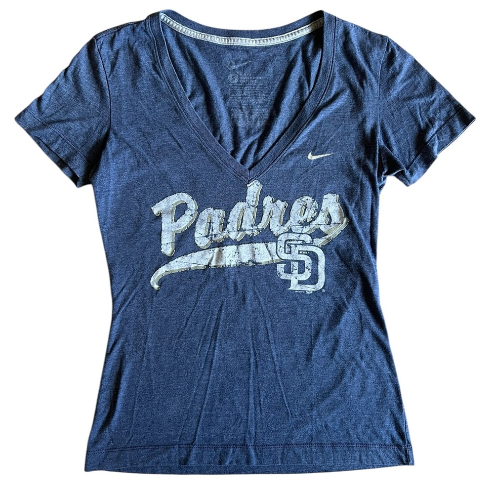 NIKE Women’s San Diego Padres Slim Fit Deep-V-Neck Blue Logo Shirt Top Sz S MLB